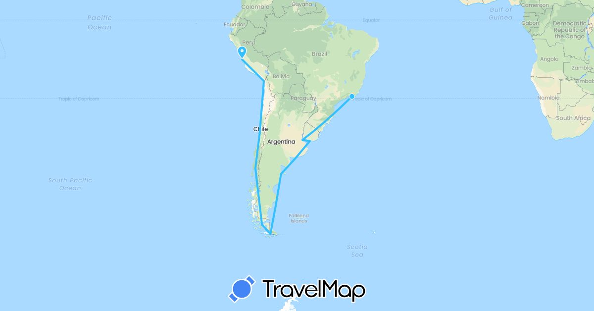 TravelMap itinerary: driving, boat in Argentina, Brazil, Chile, Peru, Uruguay (South America)